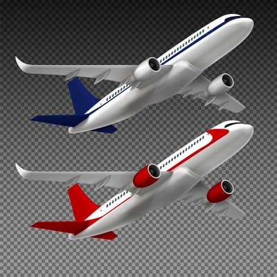 Flying airplane set of realistic images on transparent background with branded red and blue passenger jets vector illustration