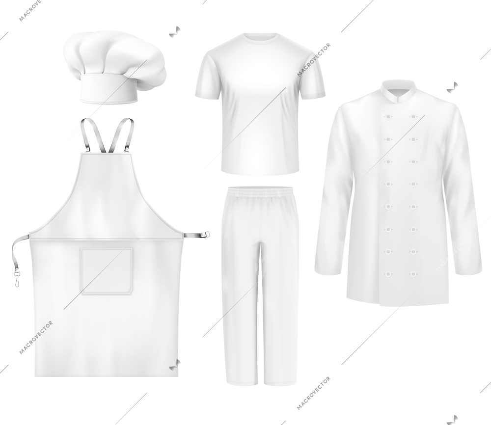 Chef uniform realistic composition with isolated images of pure white clothes for cooking on blank background vector illustration