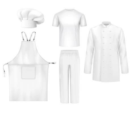 Chef uniform realistic composition with isolated images of pure white clothes for cooking on blank background vector illustration