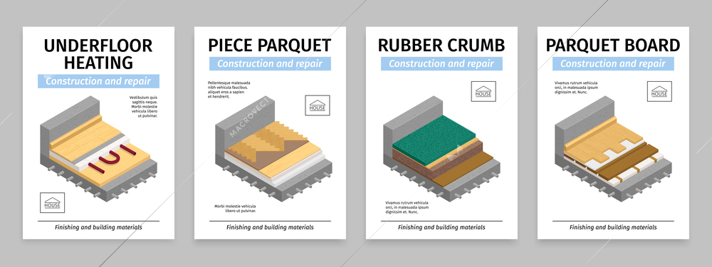 Floor layers posters set with interior building and finishing materials vector illustration