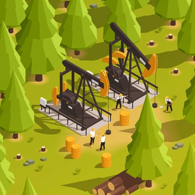 Oil well drilling process with two derricks barrels and workers in forest 3d isometric vector illustration