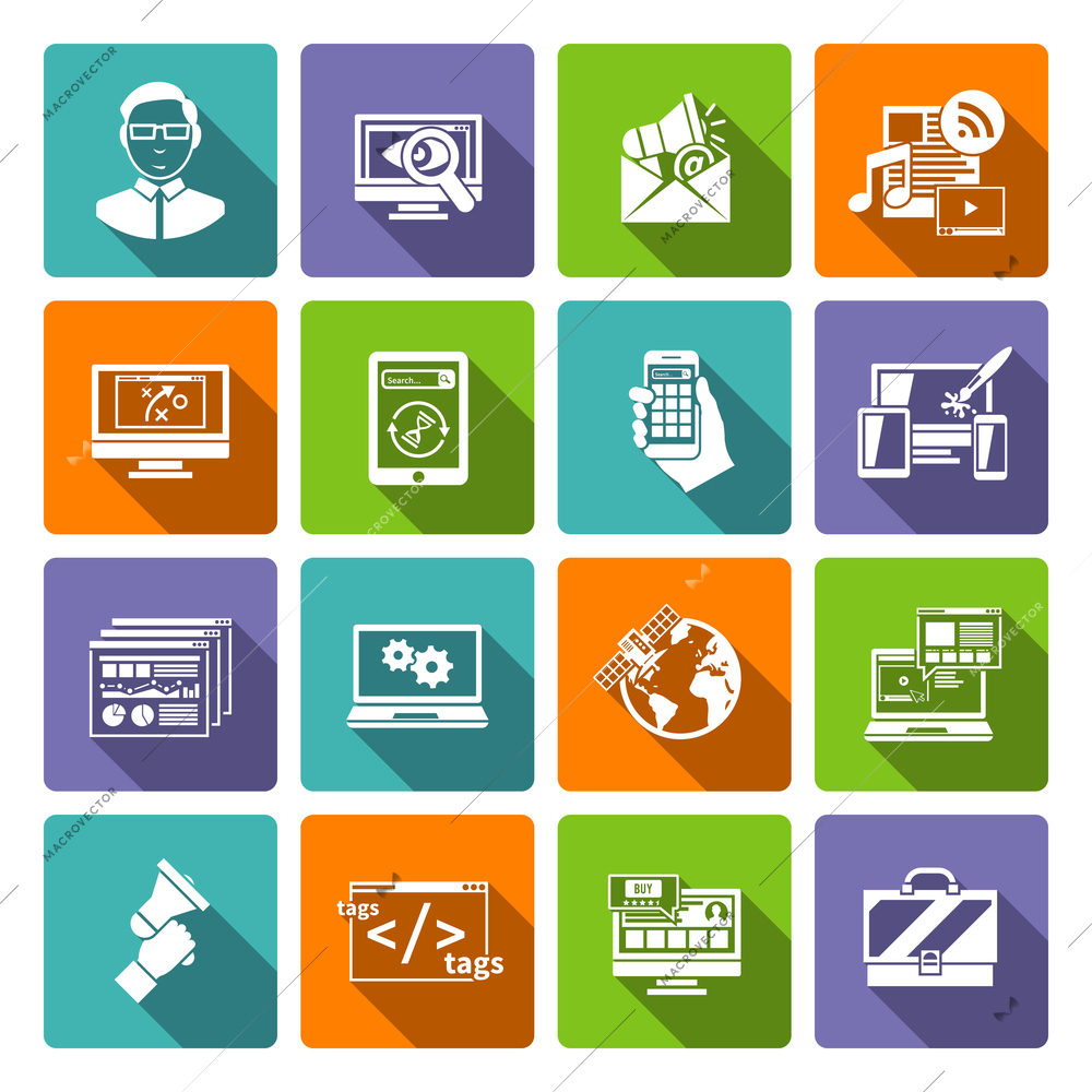 Seo internet marketing specialist flat icon set isolated vector illustration