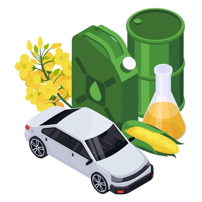 Bio fuel production isometric composition with images of car petroleum canister corn oil and flowers blossom vector illustration