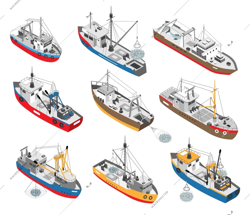 Isometric set of various colorful commercial fishing boats with nets isolated vector illustration