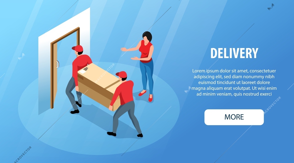 Delivery service isometric horizontal website banner with customer and couriers delivering heavy parcel in cardboard box 3d vector illustration