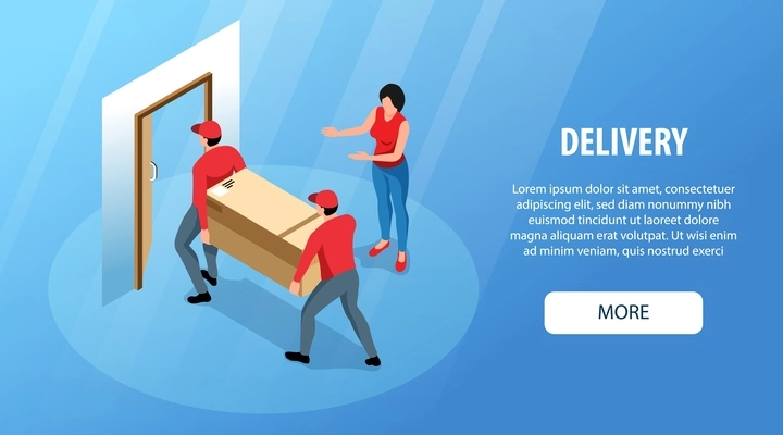 Delivery service isometric horizontal website banner with customer and couriers delivering heavy parcel in cardboard box 3d vector illustration