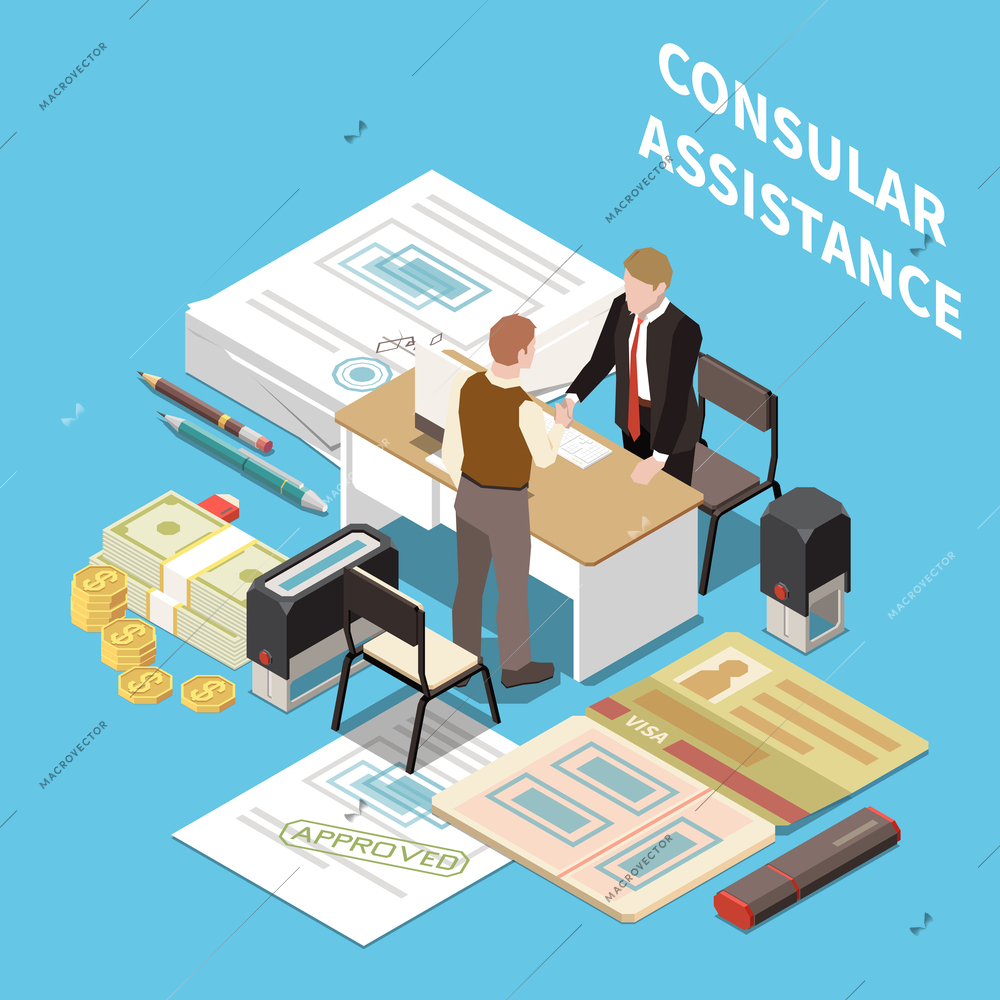 Consular assistance isometric composition with diplomat helping tourist with foreign country travel document vector illustration