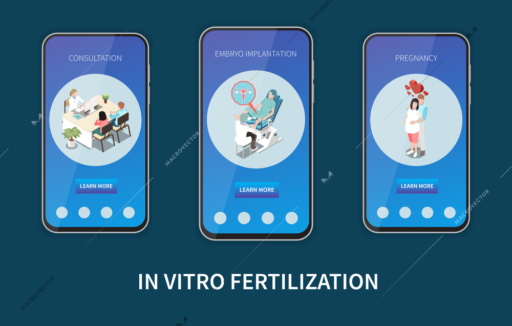 In vitro fertilization isometric composition with information on smartphone screens about embryo implantation vector illustration