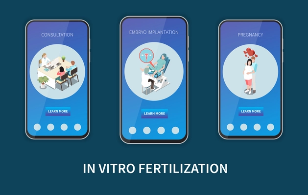 In vitro fertilization isometric composition with information on smartphone screens about embryo implantation vector illustration