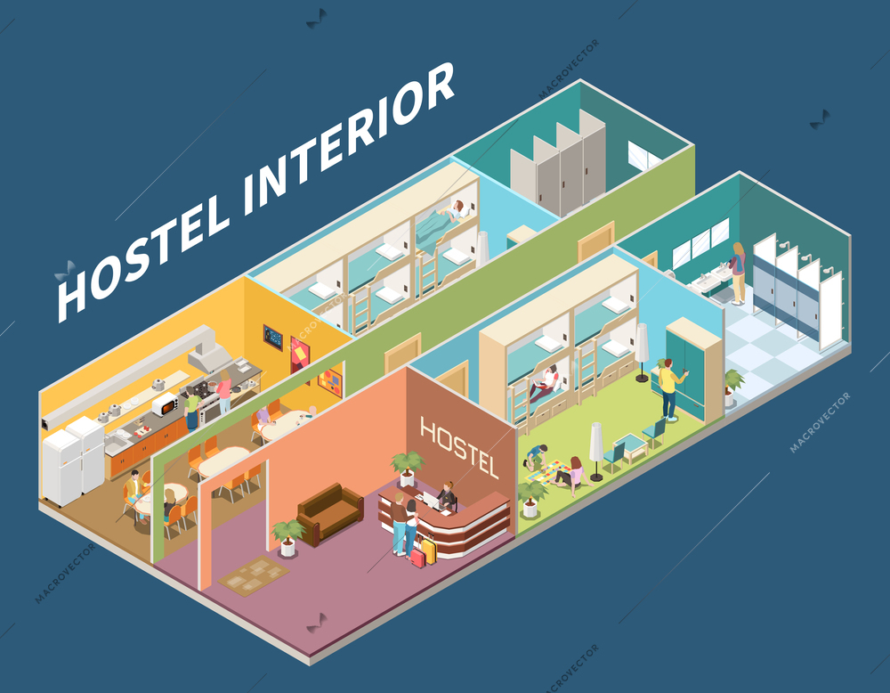 Hostel interior isometric background representing location of bedroom kitchen toilet shower room restroom vector illustration