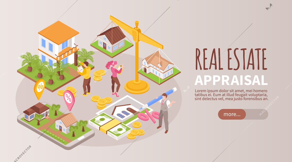 Isometric real estate appraisal horizontal banner with different types of buildings vector illustration