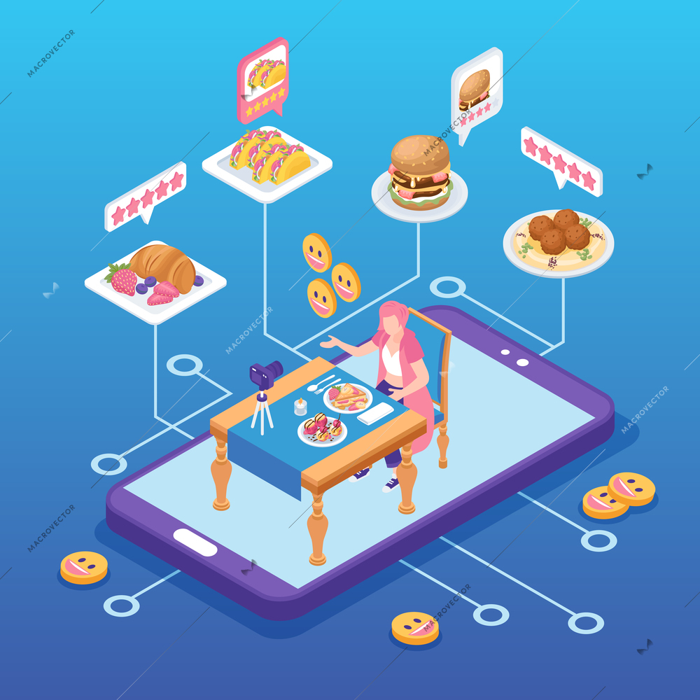 Isometric restaurant rating composition with food blogger and internet review vector illustration