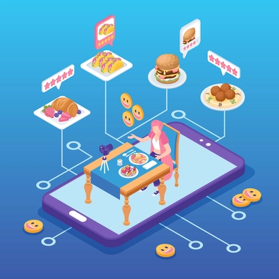 Isometric restaurant rating composition with food blogger and internet review vector illustration