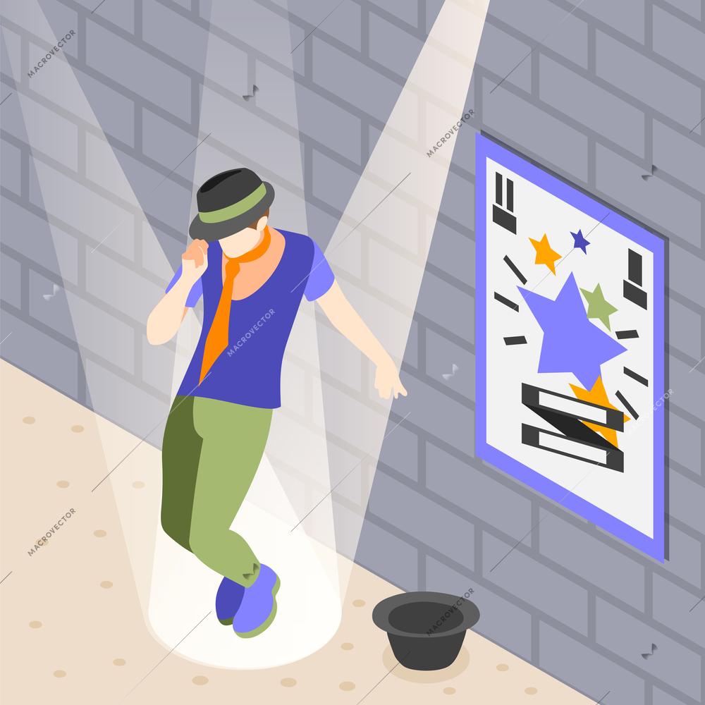 Street artists isometric background composition with man dancing in hat with spotlight rays and wall poster vector illustration