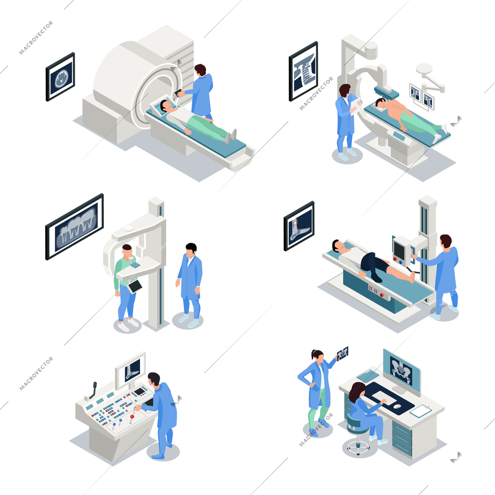 X-ray equipment isometric set with technology symbols isolated vector illustration