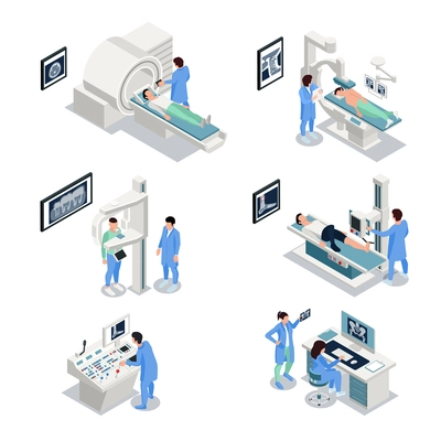 X-ray equipment isometric set with technology symbols isolated vector illustration