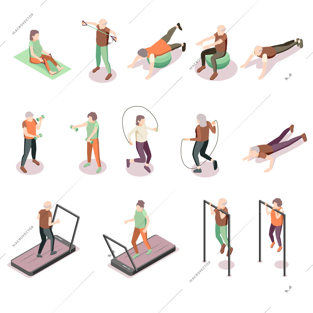 Old people fitness set with gym club symbols isometric isolated vector illustration