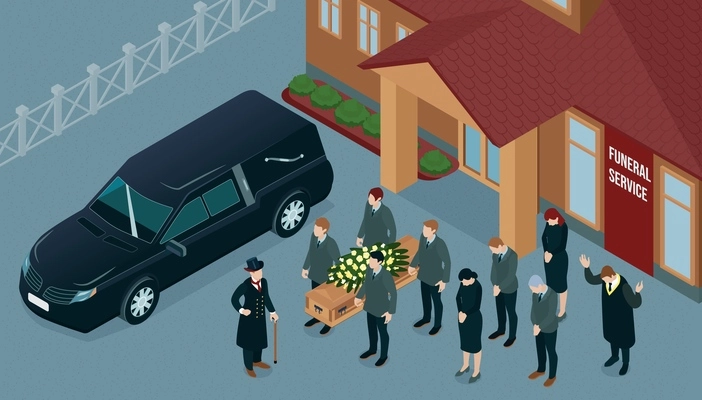 Funeral service isometric background with hearse people carrying coffin and mourning guests 3d vector illustration