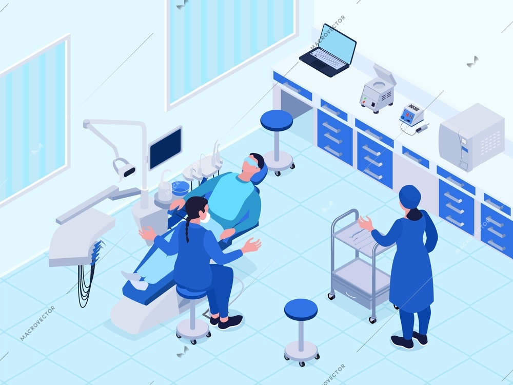 Dental office with two female dentists and male patient getting treatment 3d isometric vector illustration