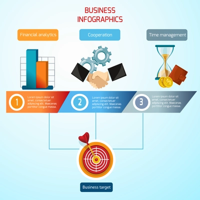 Business infographics set with financial analytics cooperation time management symbols vector illustration