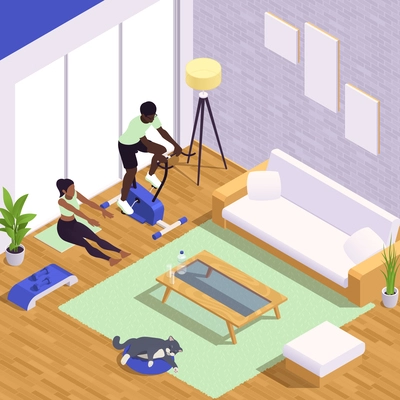 Home gym isometric with man and woman doing training indoors vector illustration