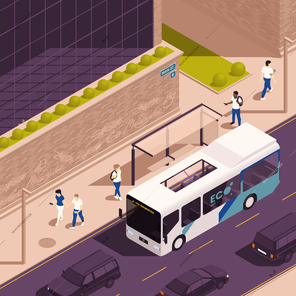 Sustainable public transport concept with eco electric bus isometric vector illustration