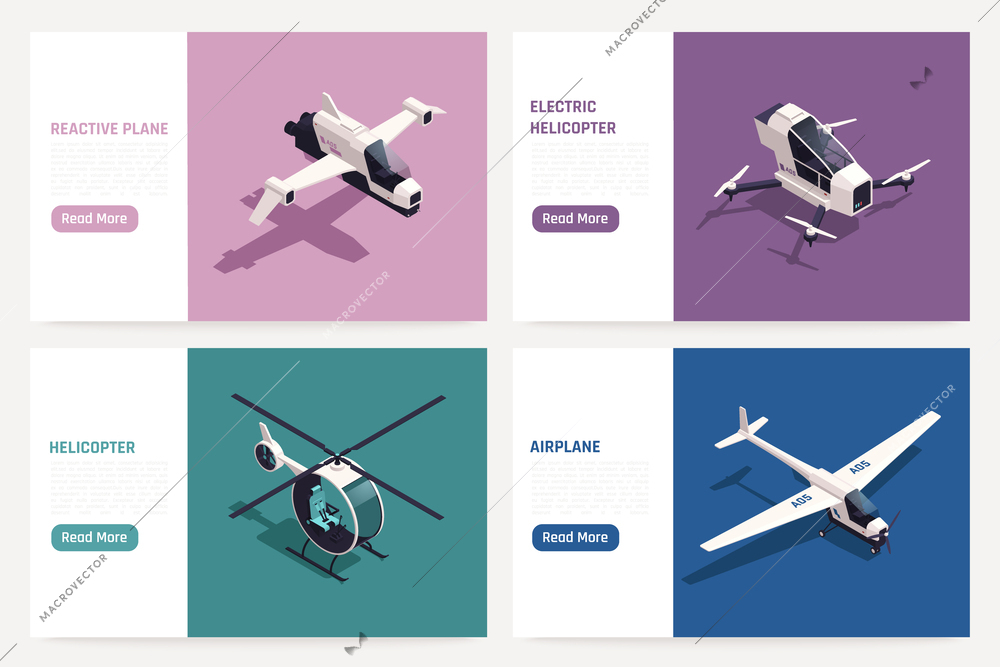 Air transport isometric banner set with private planes and helicopters isolated vector illustration