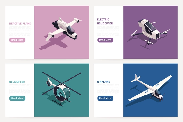 Air transport isometric banner set with private planes and helicopters isolated vector illustration