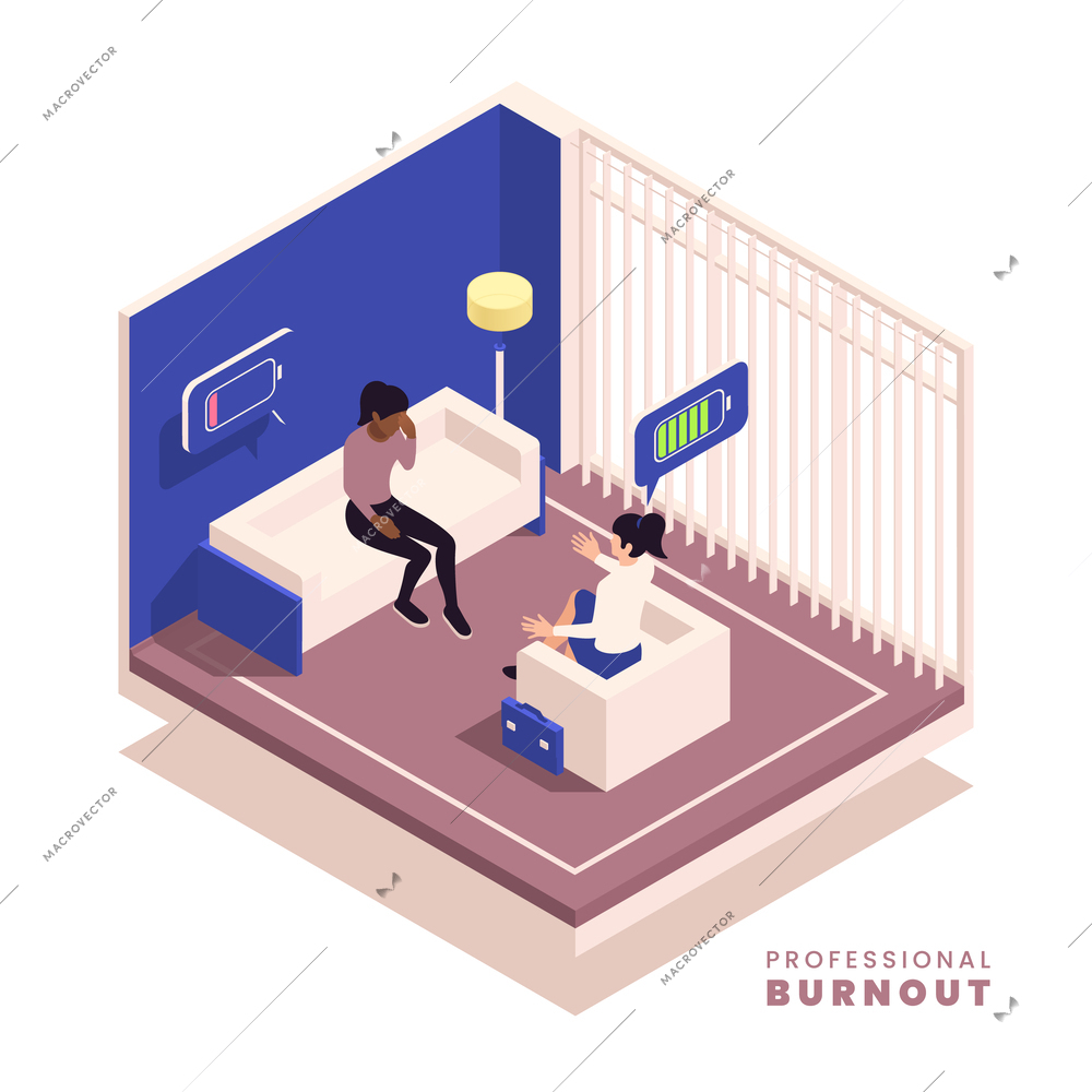 Professional burnout isometric syndrome with office person taking psychological consultation vector illustration