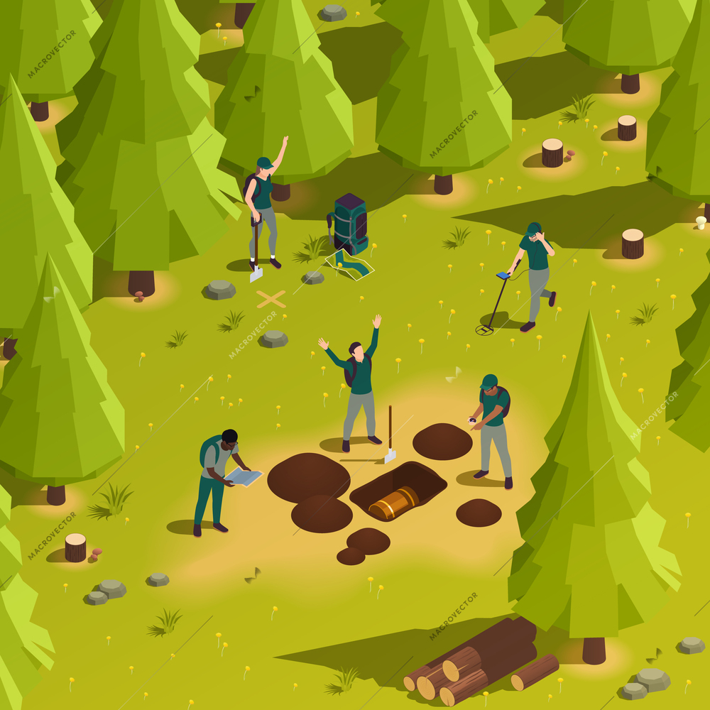 Treasure hunt quest concept with people solving adventure puzzles outdoors isometric vector illustration