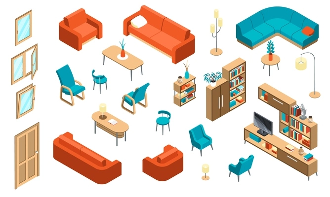 Isometric home furniture interior set with isolated icons of windows soft chairs bookcases and floor lamps vector illustration