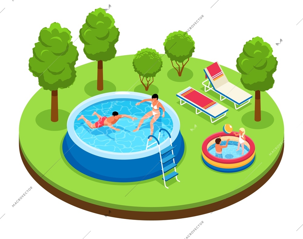 Isometric swimming pool composition with isolated round platform with forest terrain and inflatable pools with people vector illustration