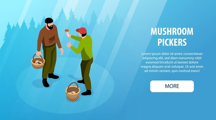 Isometric mushroom pickers horizontal banner with more button editable text and human characters holding full baskets vector illustration