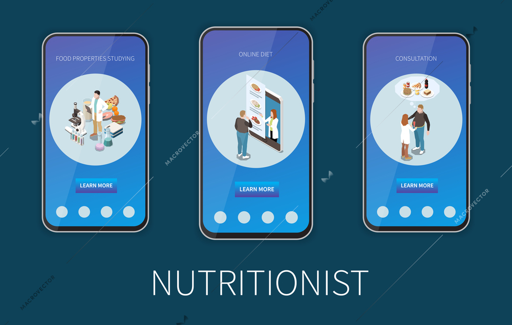 Nutritionist online consultation diet plan food properties studying isometric vertical banners set isolated against dark background 3d vector illustration