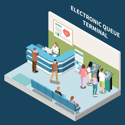 People using electronic queue terminals at health clinic 3d isometric composition 3d vector illustration
