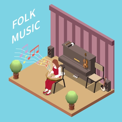 Art school isometric concept with girl playing gusli folk music in classroom with different musical instruments vector illustration