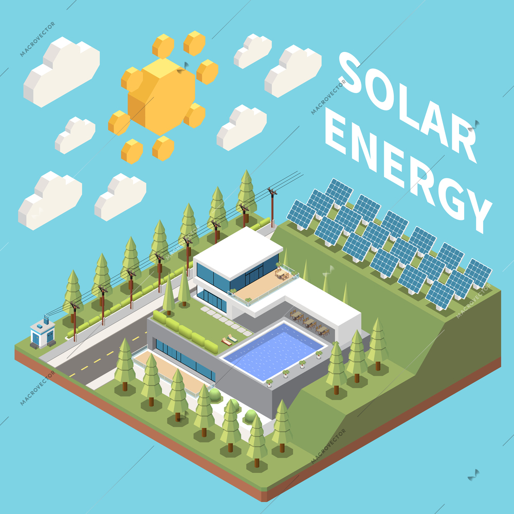 Green energy isometric concept with electric substation and solar panels installed near villa 3d vector illustration