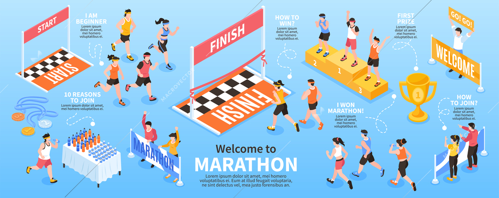 Isometric marathon infographics with people running from start to finish vector illustration