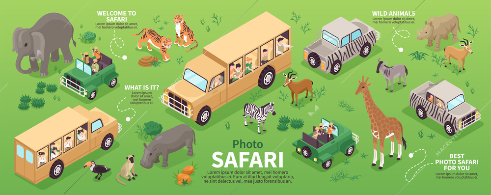 Isometric photo safari concept with people traveling in wild savanna vector illustration