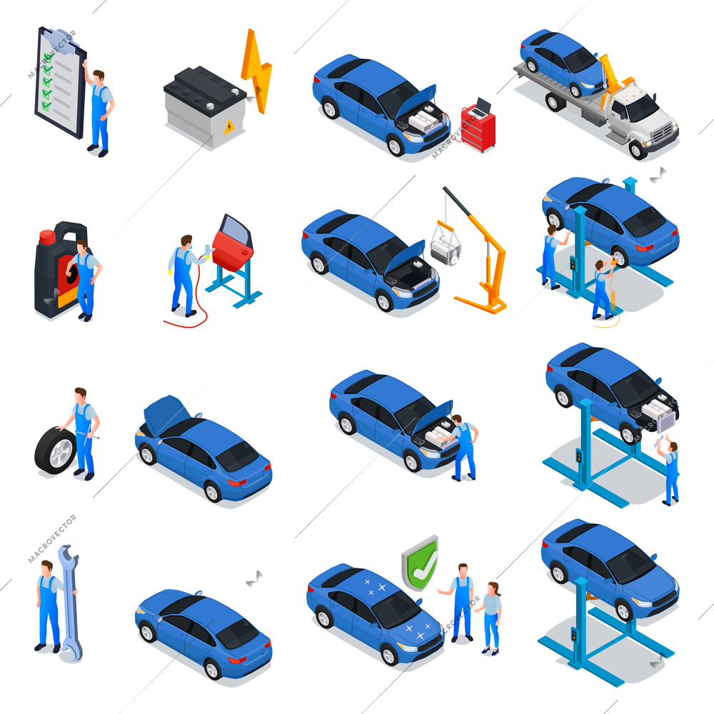 Car service isometric set of workers providing inspection maintenance repair tire service in workshop isolated vector illustration