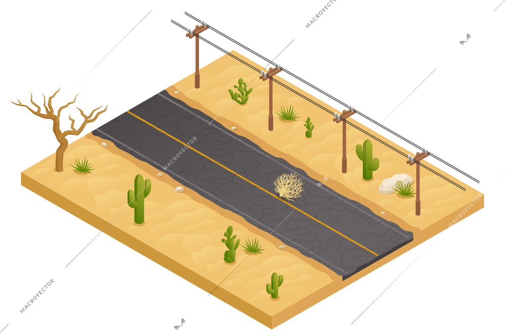 Desert landscape isometric element with electric main along road among sands on white background vector illustration