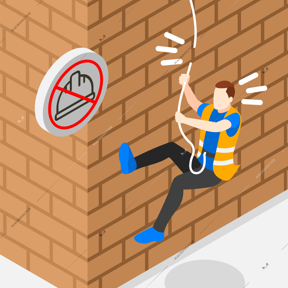 Safety precaution at work place isometric concept with man falling from hight vector illustration