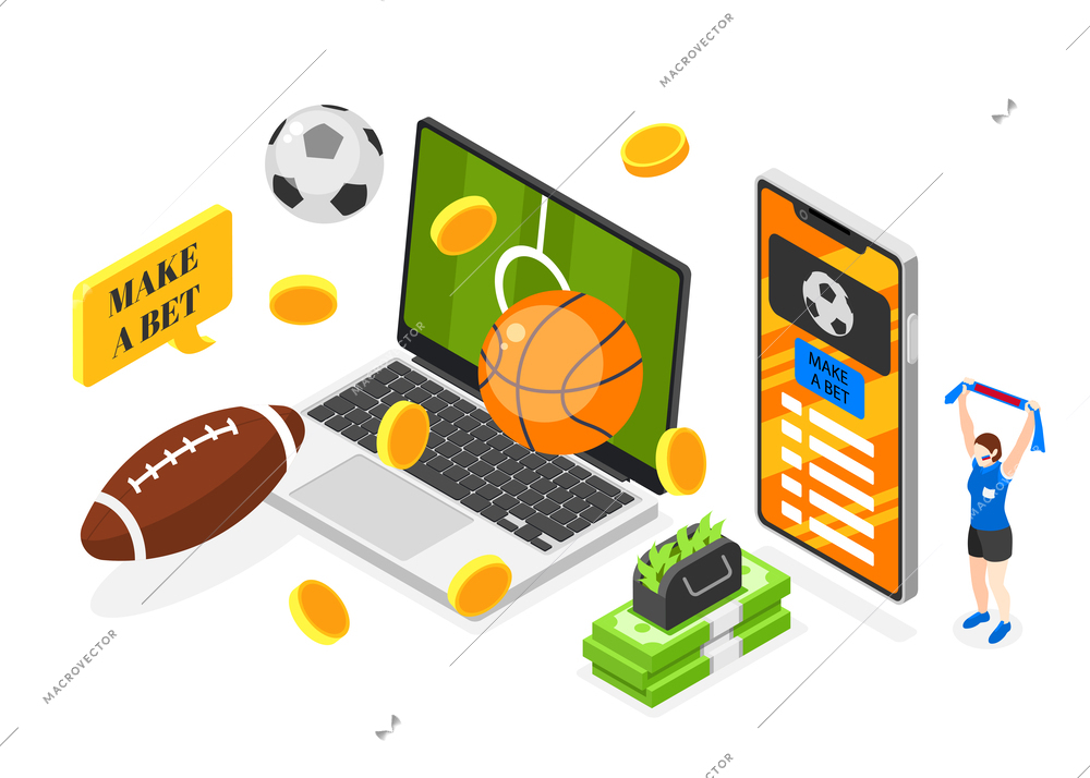 Sports betting isometric composition with mobile phone and notebook with gambling application vector illustration