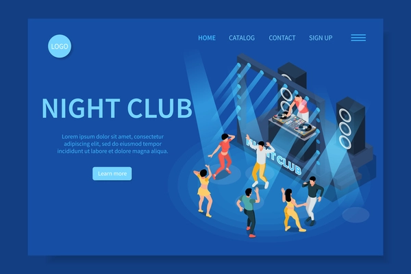 Night club isometric web site landing page with view of dancefloor clickable links buttons and text vector illustration