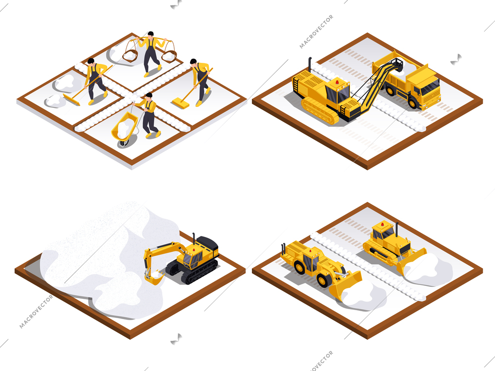 Salt production isometric 2x2 set of isolated compositions with platforms and workers with open pit machinery vector illustration