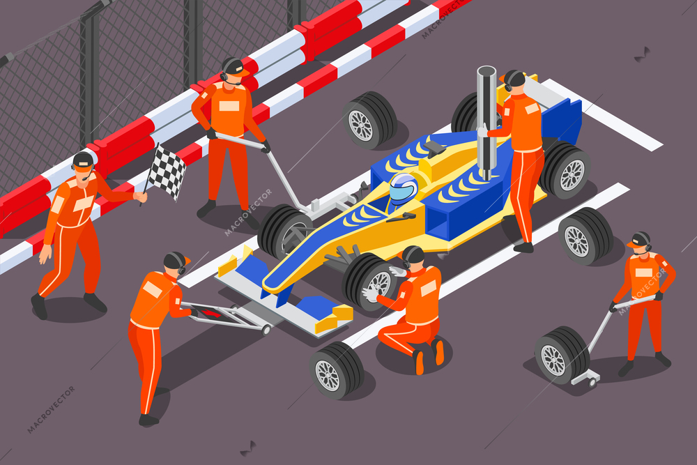 Racing isometric composition with outdoor scenery with pit stop crew performing fast maintenance of formula car vector illustration