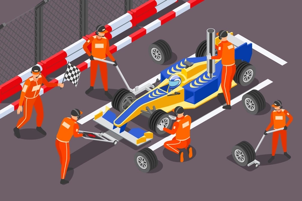 Racing isometric composition with outdoor scenery with pit stop crew performing fast maintenance of formula car vector illustration