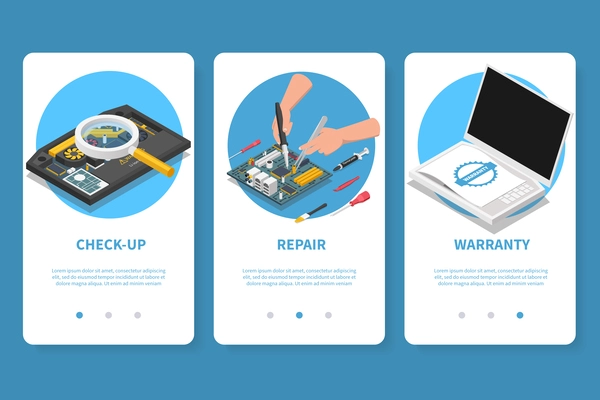 Computer smartphone testing repairing isometric app design set of three vertical mobile banners page switch buttons vector illustration