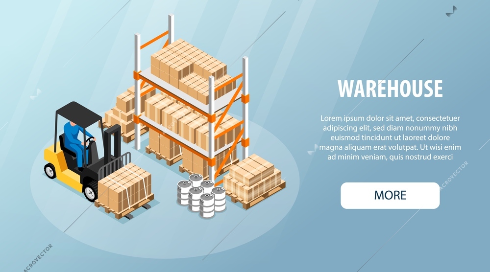 Isometric warehouse interior with worker driving forklift and stored pallets vector illustration