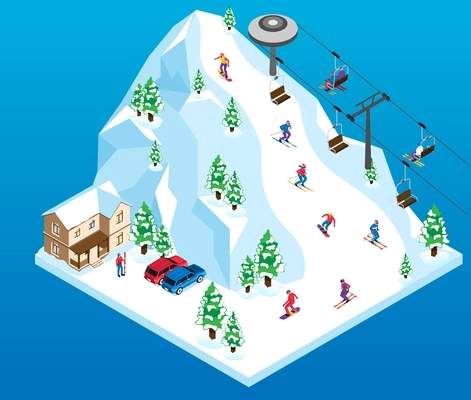 Isometric ski resort with sportsmen on snowy hill vector illustration
